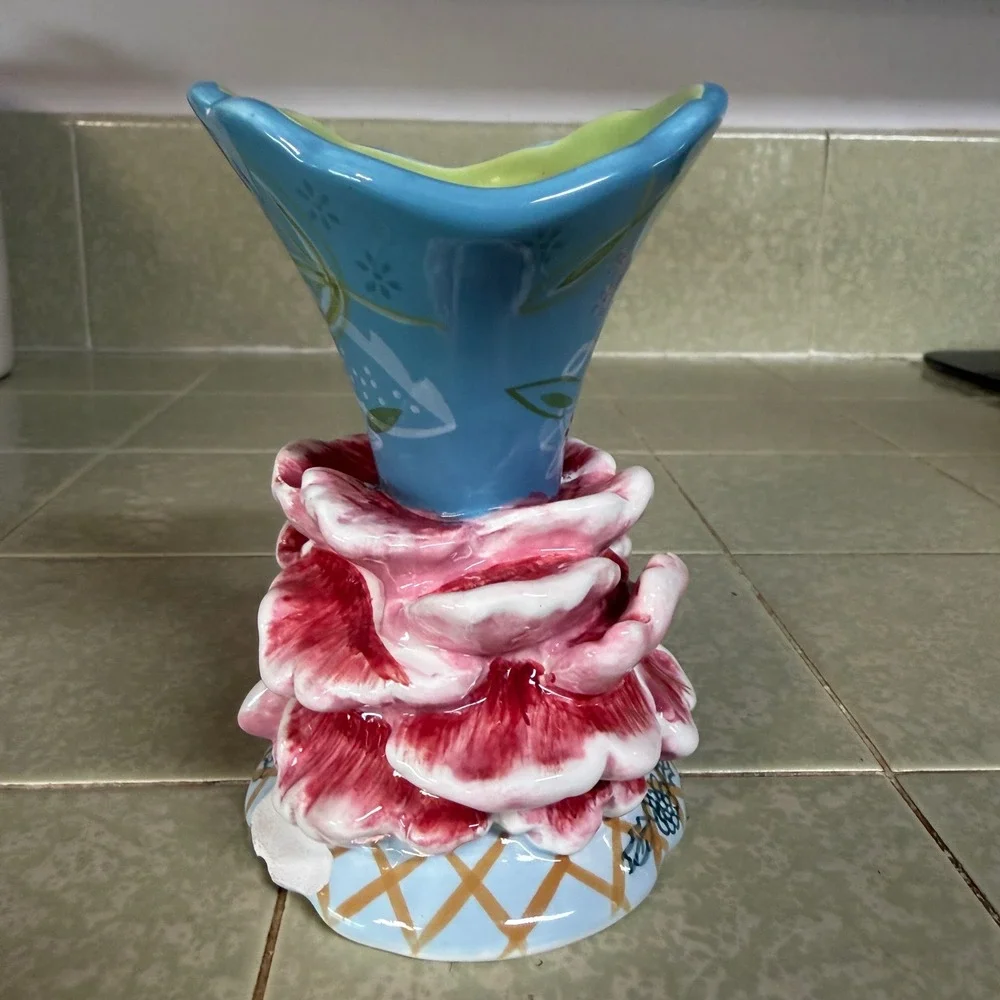 Tracy Porter Hand Painted Ceramic Flower Bud Vase Blue Pink Floral Cottagecore